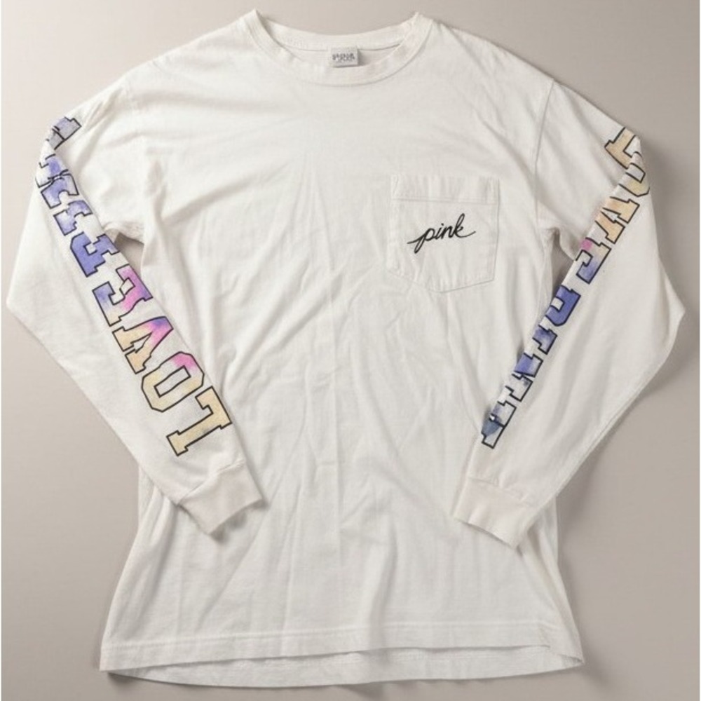 Victoria's Secret PINK Womens XS‎ White Long Sleeve Pocket T-Shirt Love Pink